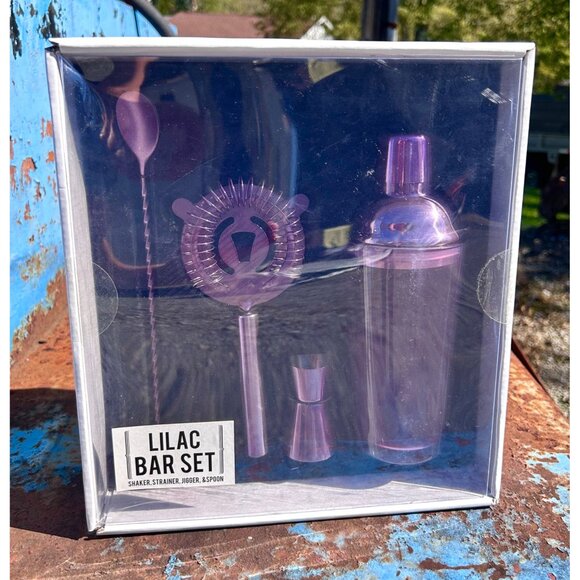 NIB URBAN OUTFITTERS LILAC PURPLE COCKTAIL BAR SET GIFT BOX SHAKER STRAINER JGR+ - Picture 2 of 4